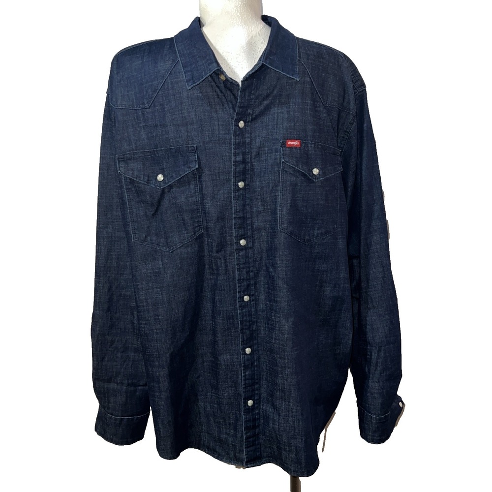 Wrangler Mens 2XL Dark Wash Denim Western Pearl Snap Long Sleeve Shirt Indigo